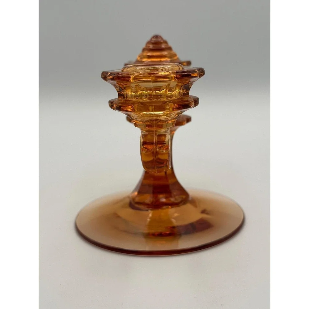 Vintage Amber Glass Double Candelabra MCM Pressed Two Arm Candle Holder